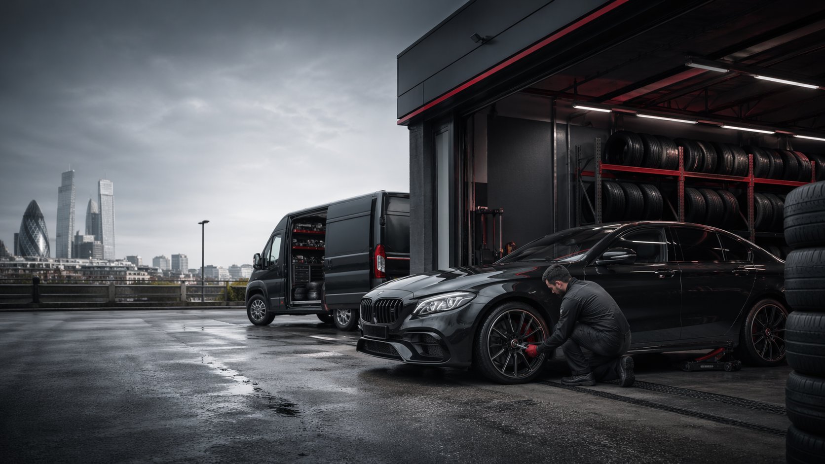 Tyre Center workshop with a car, tyre display and mobile fitting van